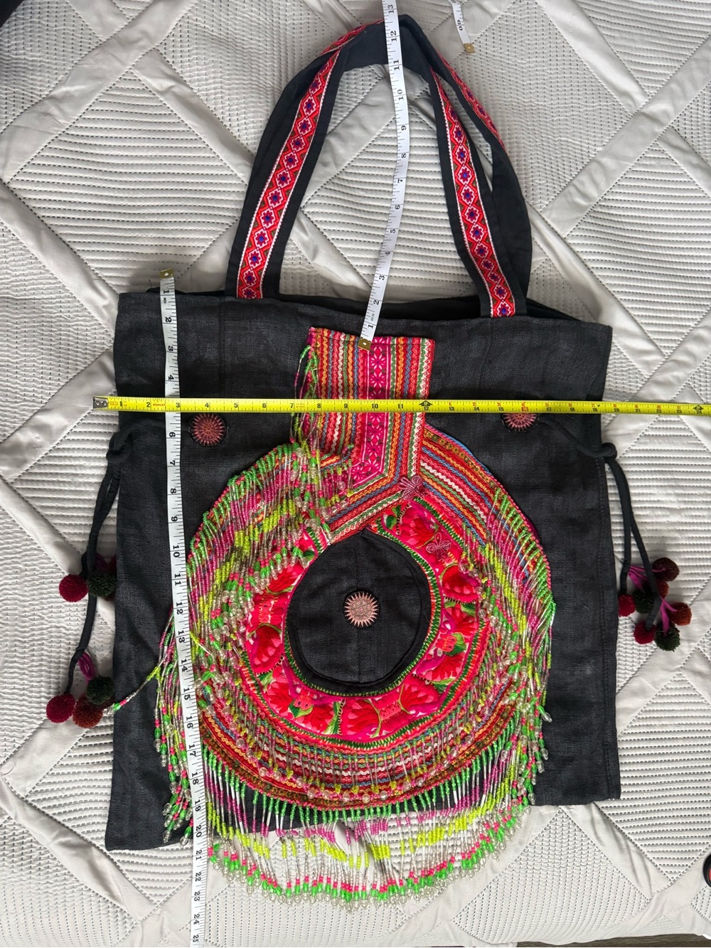 Vintage Handmade Hmong Beaded Fringe Tote Bag Embroidered Boho Ethnic Large - Picture 8 of 8
